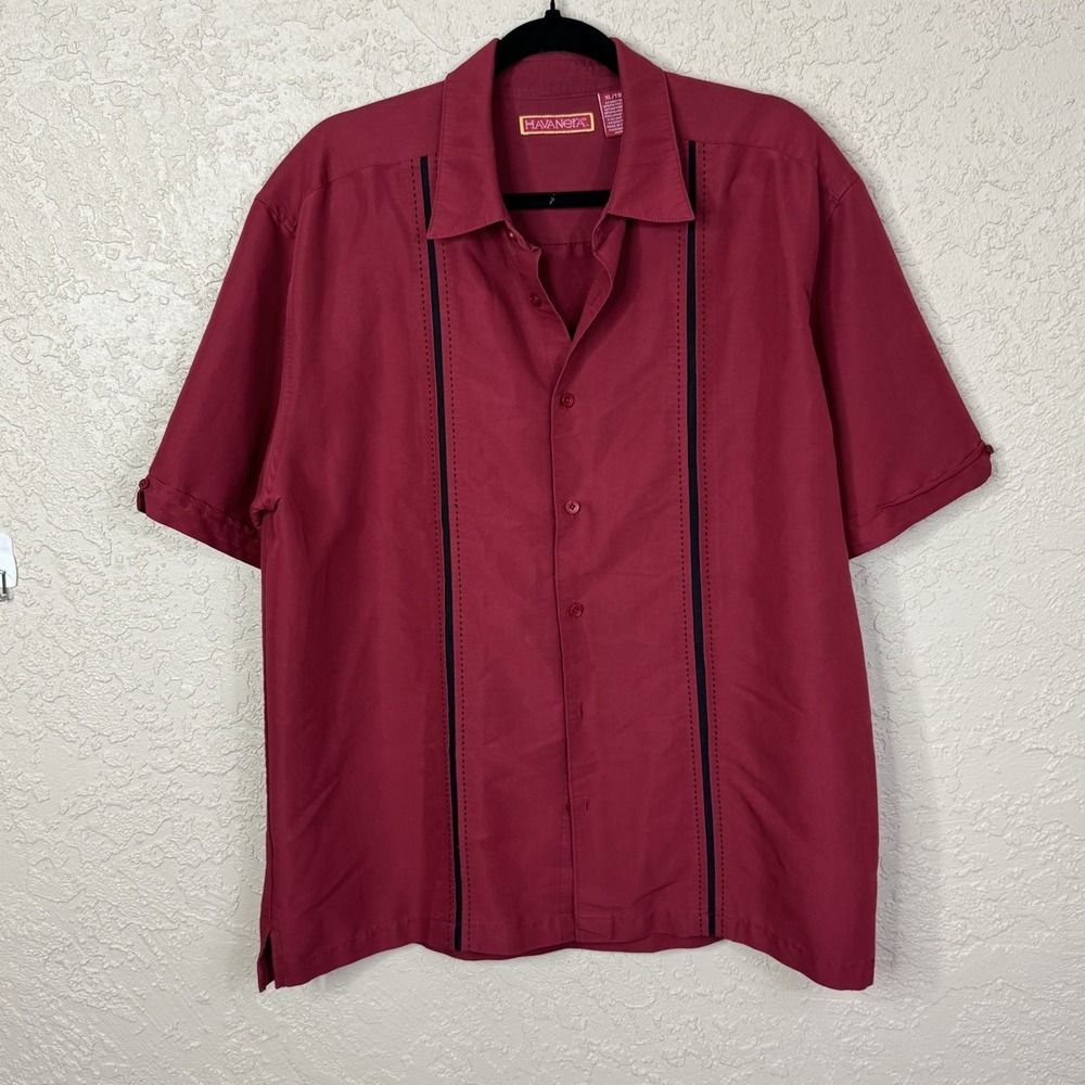 Havanera Mens Retro Cuban Style Button Down Shirt Size XL Red Rockabilly Bowling